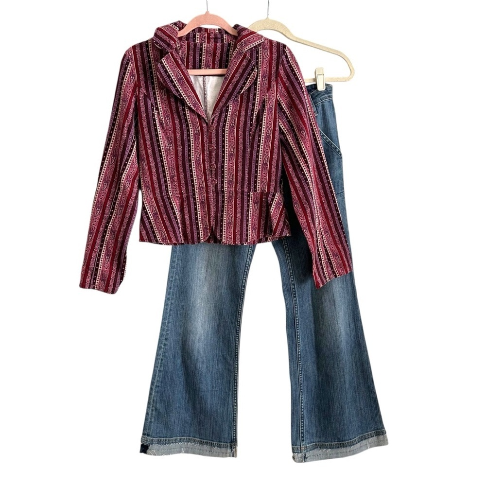 Vintage Inspired Boho Purple Velvet Stripe Blazer Jacket Hippie Retro 70s Small - Picture 2 of 13